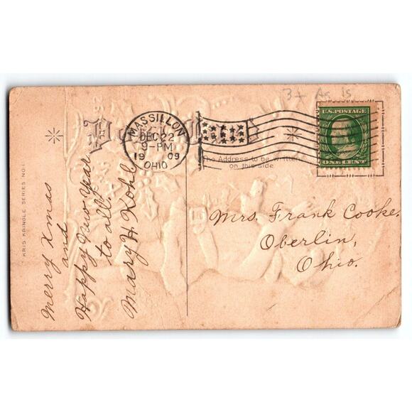 Santa Claus Christmas Postcard Reindeer Full Moon Antique Embossed 1909 Vintage - Picture 2 of 2